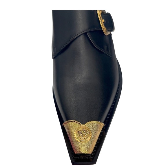 Versace Black Gold Leather Mules Heels Medusa  Bucklel Women's 40 EU New - Picture 2 of 16